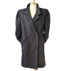 70s Peabody House Double Breast Coat Puff Slv Navy Blue Tweed Stripe Women 13/14